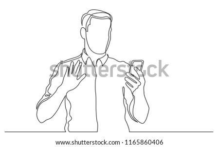 continuous line drawing of standing man waving to his mobile phone