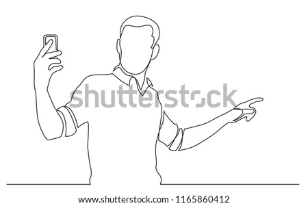 continuous line drawing of standing man shooting video on his mobile phone