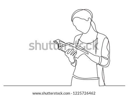 continuous line drawing of standing woman reading book