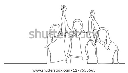 women team of winners holding hands - one line drawing
