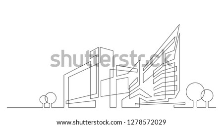 abstract architecture city skyline with trees - single line vector graphics on white background