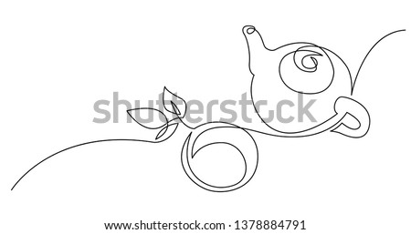 continuous line drawing of tea pot with tea leaves and cup