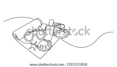 continuous line drawing of beach towel sunscreen lotion swimming googles flip flops on sand beach