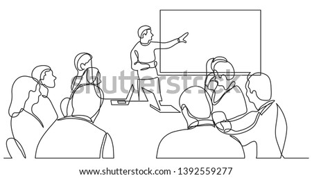 team member explaining work plan in front of business team - single line drawing