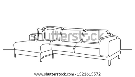 continuous line drawing of large modern sectional sofa with cushions