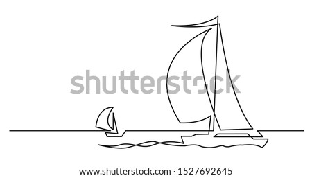 continuous line drawing of two beautiful sailboats sailing on sea with full sails