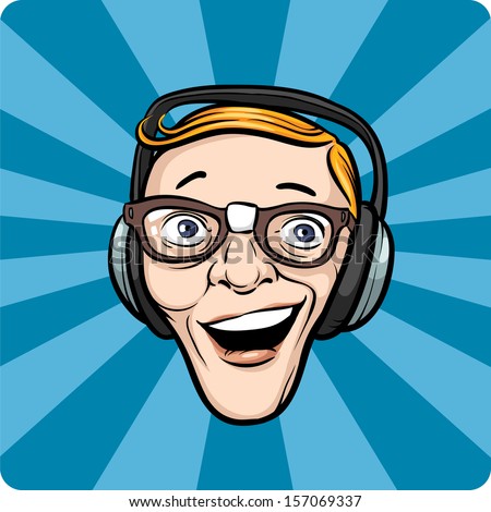 Vector illustration of crazy face with headphones. Easy-edit layered vector EPS10 file scalable to any size without quality loss. High resolution raster JPG file is included.