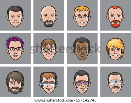 Vector illustration of Cartoon avatar men faces. Easy-edit layered vector EPS10 file scalable to any size without quality loss. High resolution raster JPG file is included.