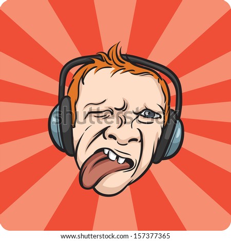 Vector illustration of grimace face tongue out with headphones. Easy-edit layered vector EPS10 file scalable to any size without quality loss. High resolution raster JPG file is included.