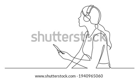 continuous line drawing of woman holding phone listening music in headphones