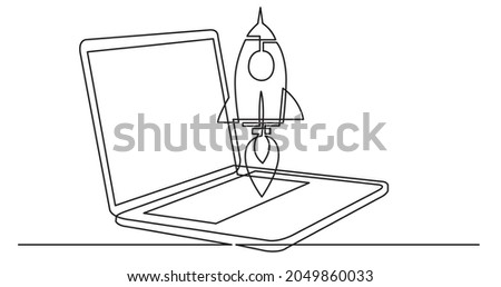 one line drawing of laptop computer with rocket launch as business concept of startup