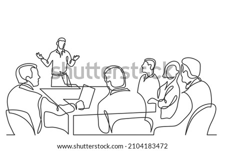 diverse office workers ask questions to presentation speaker in meeting room continuous line drawing
