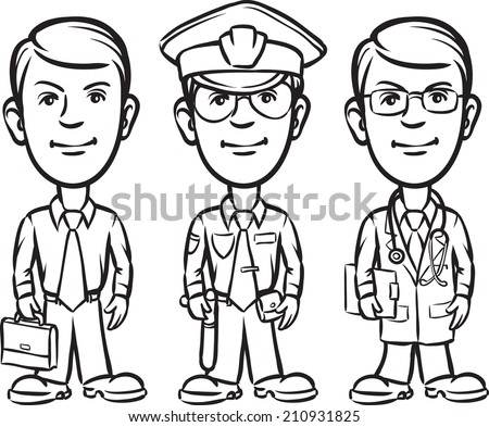 Whiteboard Drawing - Three Cartoon Professionals Businessman Policeman ...