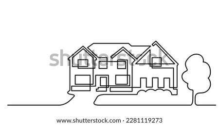 continuous line drawing of house exterior in suburb neighbourhood as real estate home property concept