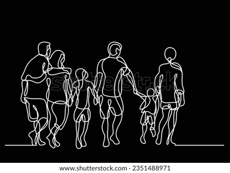 continuous line drawing of happy extended family walking