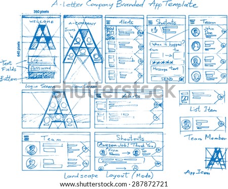 A-Letter Branded Corporate Internal Mobile App Vector Mockup Sketch