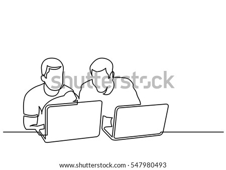 continuous line drawing of two men sitting and talking with laptop computers