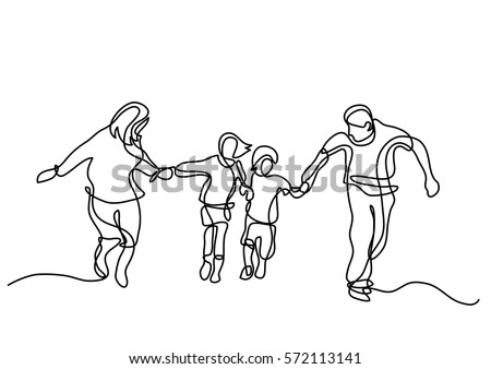 continuous line drawing of happy family running