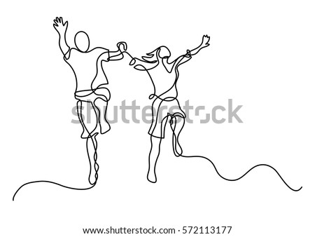 continuous line drawing of happy jumping couple