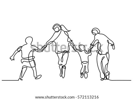 continuous line drawing of happy family running