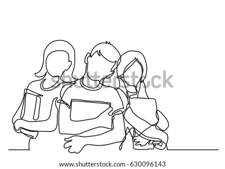 three standing school kids with books - continuous line drawing
