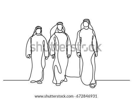walking arab men in keffiyeh - single line drawing