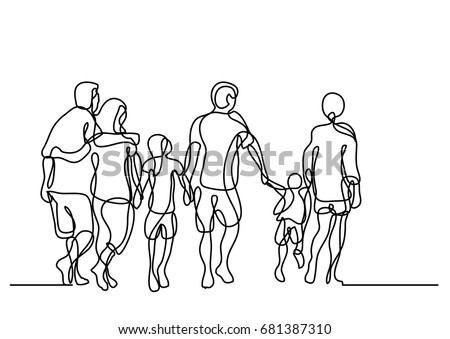 continuous line drawing of happy extended family walking