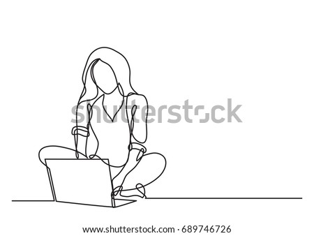 continuous line drawing of woman with laptop