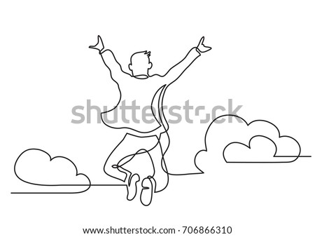 one line drawing of happy man jumping higher clouds