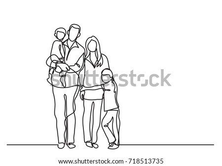 continuous line drawing of family standing together