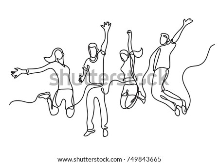 continuous line drawing of four jumping happy team members ストックフォト © 