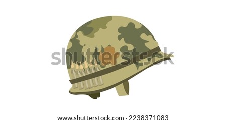 Vector image of a soldier's helmet used for war with bullets tucked beside it