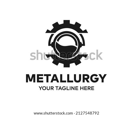 Metallurgy liquid steel and metallurgical ladle iron molten metal pouring in gear, logo design. Heavy industry and engineering, industrial, vector design and illustration.
