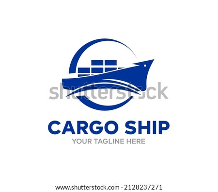 Cargo ship in the ocean, freight Transportation, shipping logo design. Nautical vessel, vector design and illustration.