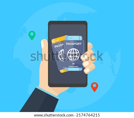 Smartphone air tickets, Telephone passport, logo design. Wbsite provide modish reservation system. Travel technology concept vector design and illustration.