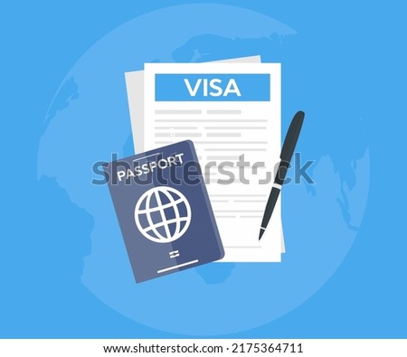 Visa application logo design. Clipboard with visa application form, passport, pin map, pen and laptop. World travel, tourism, holidays concepts vector design and illustration.