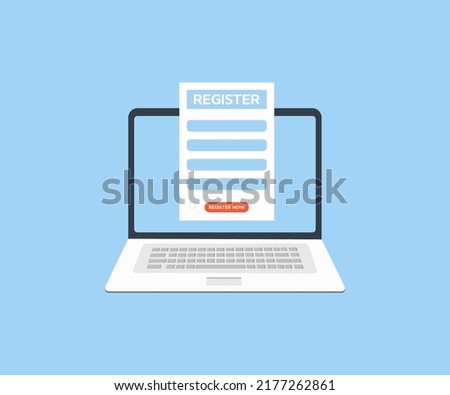 Online Registration Form on laptop screen, Register Button. Registration or sign up user interface. Users use secure login and password. Notebook and online login form vector design.
