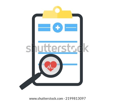Clipboard with medical document and magnifying glass logo design. Heartbeat pulse. Document for patient health check in hospital or clinic vector design and illustration.
