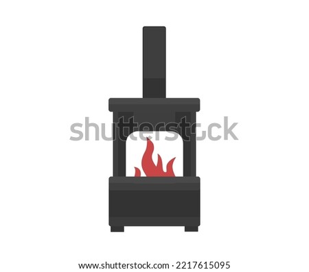 Iron potbelly stove for heating the apartment logo design. Old stove with chimney, antique cast iron stove with flames at the viewing window, plus vessel for firewood vector design and illustration.

