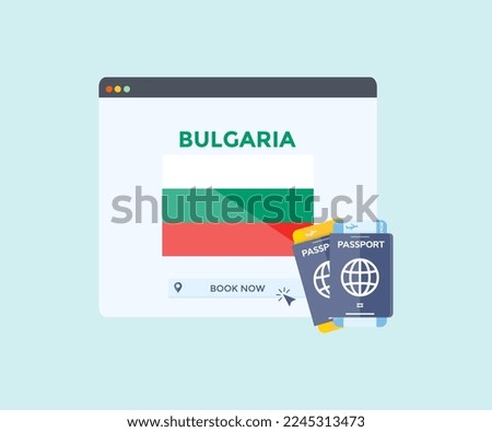 Online booking service on web browser site, trip, travel planning country Bulgaria national flag logo design. Online reservation of plane tickets. Concept for website vector design and illustration.
