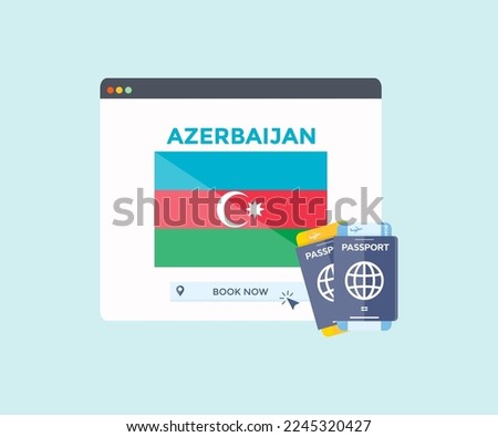 Online booking service on web browser site, trip, travel planning country Azerbaijan national flag logo design. Online reservation of plane tickets. Concept for website vector design and illustration.