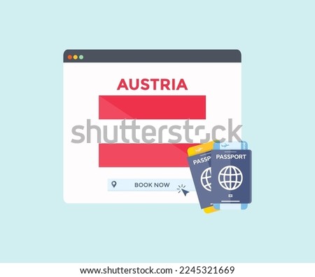 Online booking service on web browser site, trip, travel planning country Austria national flag logo design. Online reservation of plane tickets. Concept for website vector design and illustration.
