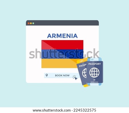 Online booking service on web browser site, trip, travel planning country Armenia national flag logo design. Online reservation of plane tickets. Concept for website vector design and illustration.

