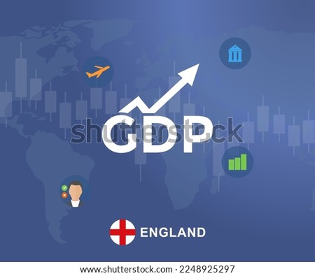 Gross Domestic Product (GDP) of England flag and map logo design. Economic gdp growth domestic product. Global economy, national budget, recession, inflation concepts vector design and illustration.
