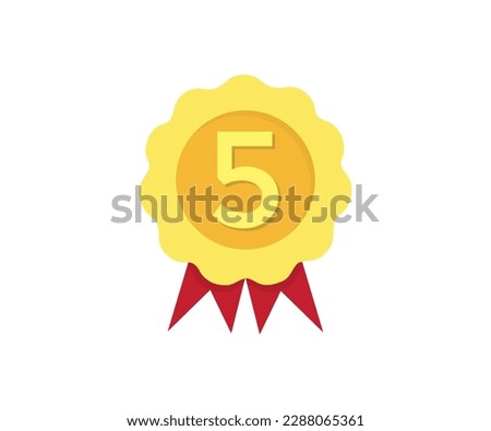 5 or number five on modern golden rosette award logo design. Modern rosette star with shadow and three image clipart seal stamp, 5 icon badge vector design and illustration.
