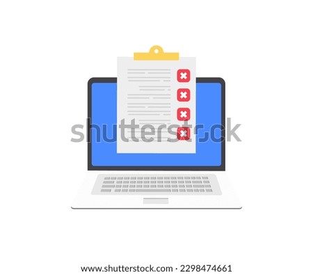 Clipboard with check list and cross marks on laptop screen logo design. Checklist and Red Cross Mark Brush, Red X mark, X Sign on laptop screen vector design and illustration.

