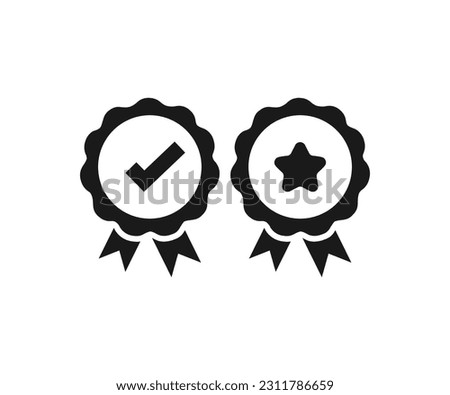 Award badge with checkmark and star icon design. Quality ribbon medal black symbol. Achievement medal rank, approved icon symbol vector design and illustration.

