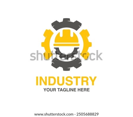 Industrial logo design. Development Gear. Workwear, helmet construction and cogwheel. Safety and protection, engineer. Construction, labor and engineering symbols vector design and illustration. 
