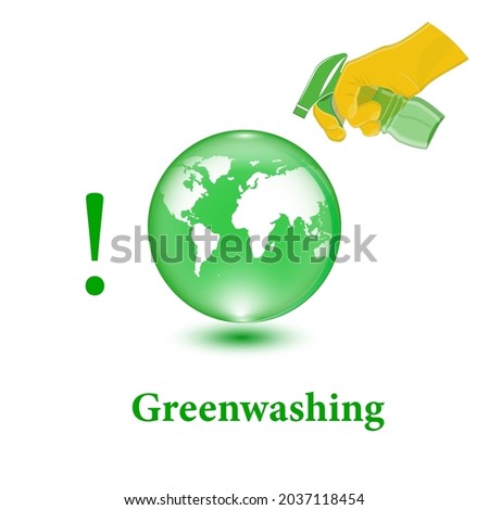 Hand in rubber glove holding a bottle of cleanser, GLOBUS- vector. Quality control of environmentally friendly products. Greenwashing