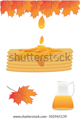 Set the pie is filled with maple syrup drop glass jug autumn leaves isolated white background vector design element